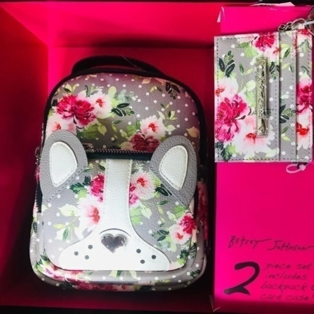 Betsey Johnson Dog Face Mini Backpack & Wallet Box Set Floral NWT